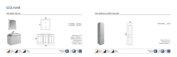 GÜLNAR teknik çizim GÜLNAR Banyo Dolabı teknik çizim ve ölçüler - Vita Mobilya