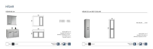 HİSAR teknik çizim HİSAR Banyo Dolabı teknik çizim ve ölçüler - Vita Mobilya